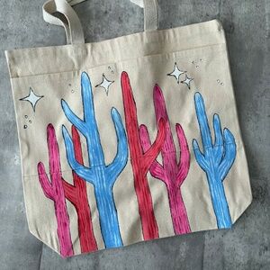 Hand Painted Canvas Tote Bag Colorful Cactus Washable – One of a Kind